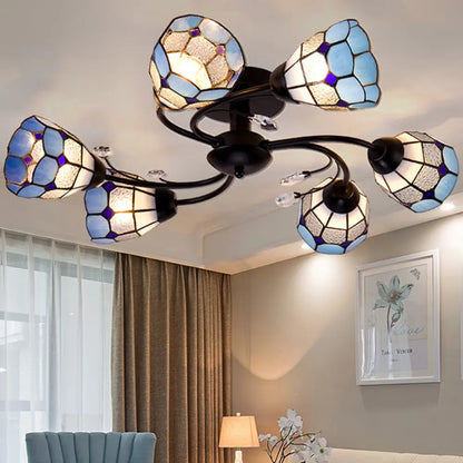 DecorBites™ DecorBites™ Stained Glass Bell Semi Flushmount with Crystal Decoration and Leaf/Blue Square/Sky Blue Square/Yellow Square Pattern Rustic Light in Black - 4/6/8 Lights