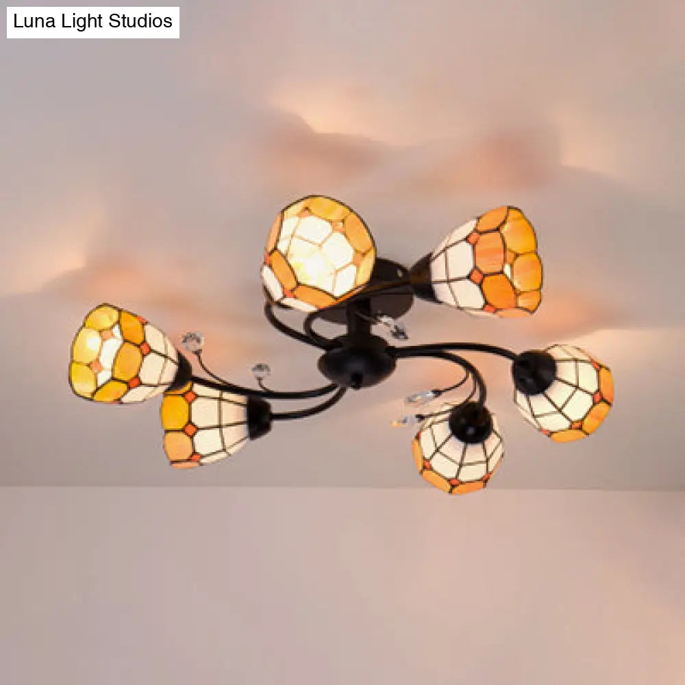 DecorBites™ DecorBites™ Stained Glass Bell Semi Flushmount with Crystal Decoration and Leaf/Blue Square/Sky Blue Square/Yellow Square Pattern Rustic Light in Black - 4/6/8 Lights