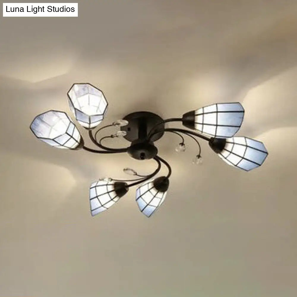 DecorBites™ DecorBites™ Stained Glass Bell Semi Flushmount with Crystal Decoration and Leaf/Blue Square/Sky Blue Square/Yellow Square Pattern Rustic Light in Black - 4/6/8 Lights