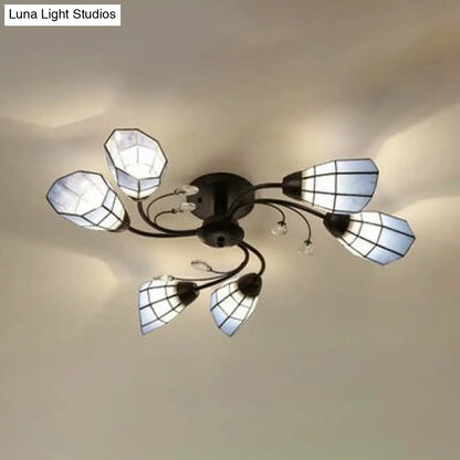 DecorBites™ DecorBites™ Stained Glass Bell Semi Flushmount with Crystal Decoration and Leaf/Blue Square/Sky Blue Square/Yellow Square Pattern Rustic Light in Black - 4/6/8 Lights