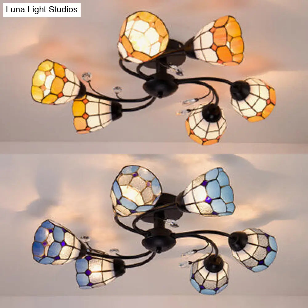 DecorBites™ DecorBites™ Stained Glass Bell Semi Flushmount with Crystal Decoration and Leaf/Blue Square/Sky Blue Square/Yellow Square Pattern Rustic Light in Black - 4/6/8 Lights