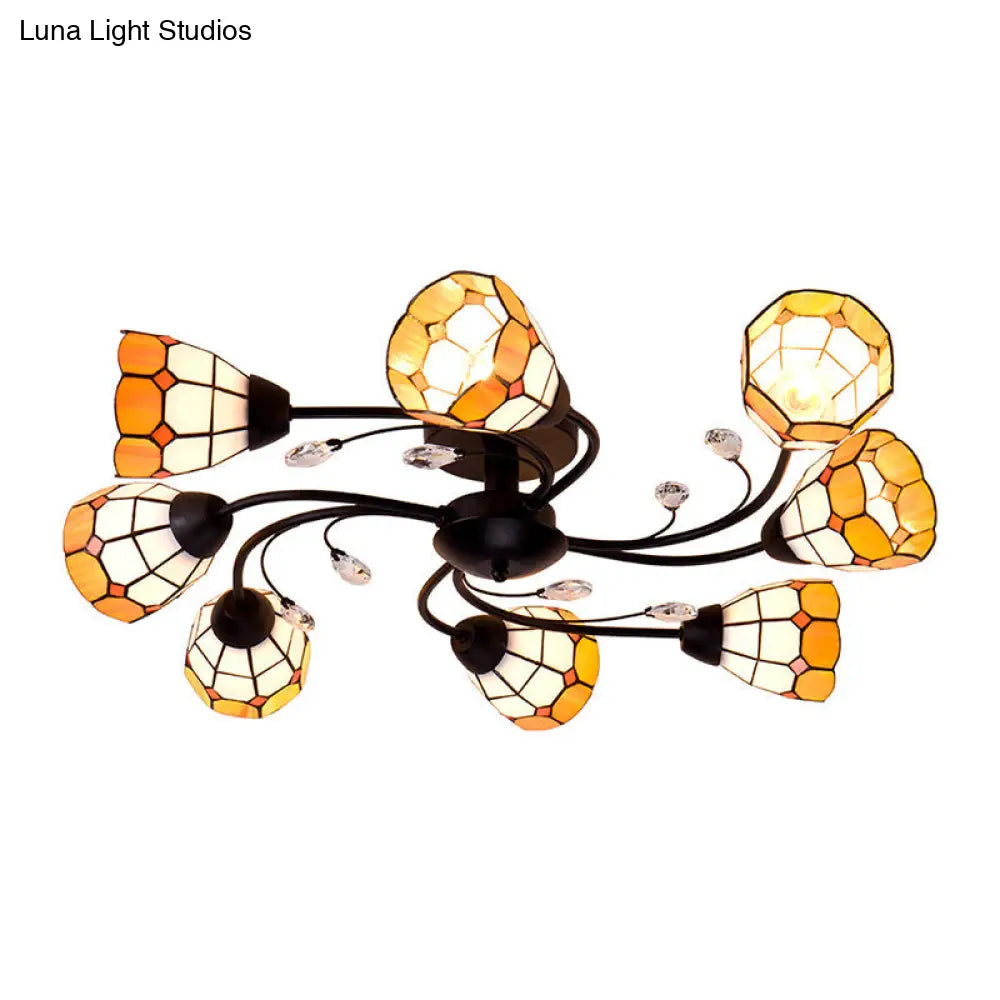 DecorBites™ DecorBites™ Stained Glass Bell Semi Flushmount with Crystal Decoration and Leaf/Blue Square/Sky Blue Square/Yellow Square Pattern Rustic Light in Black - 4/6/8 Lights