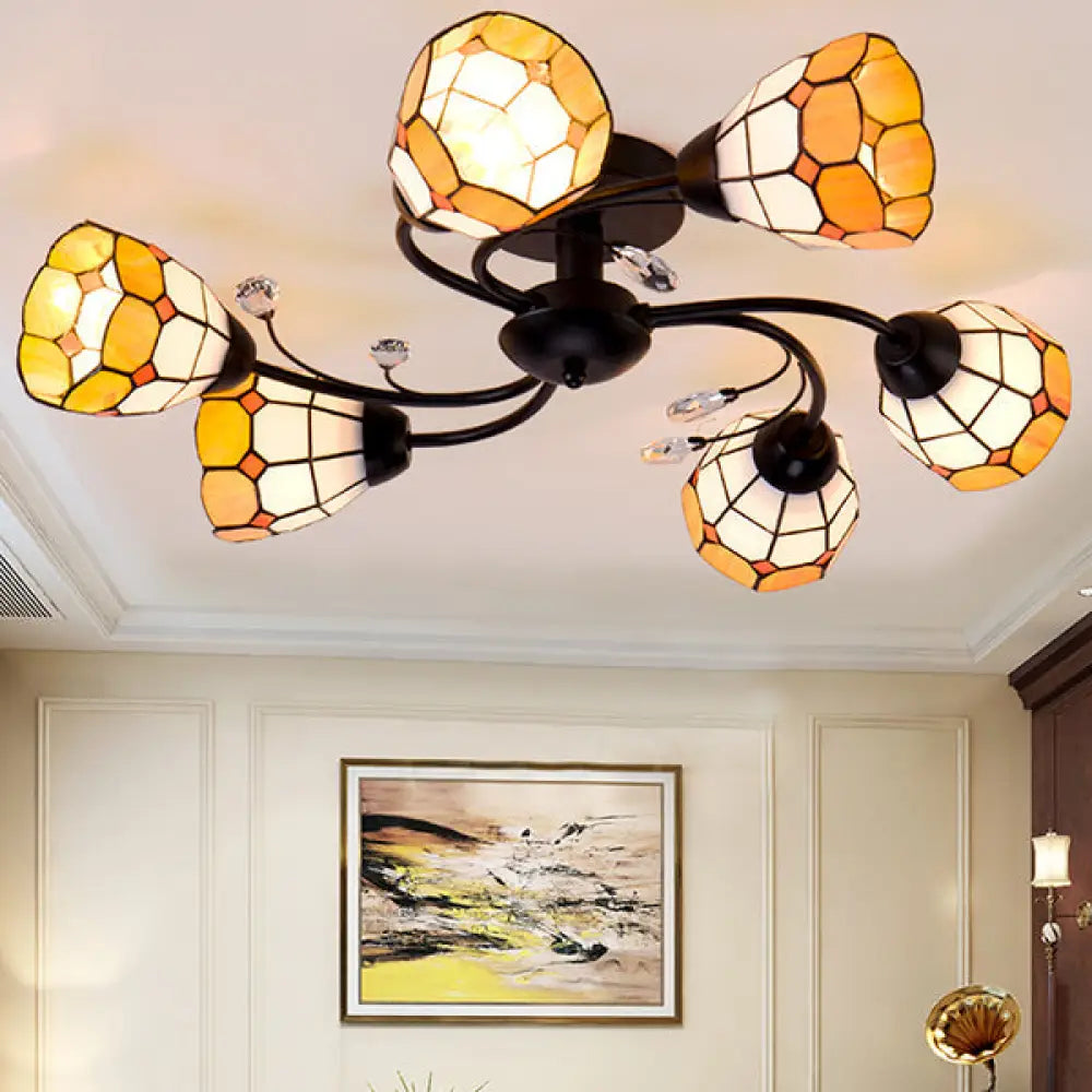 DecorBites™ DecorBites™ Stained Glass Bell Semi Flushmount with Crystal Decoration and Leaf/Blue Square/Sky Blue Square/Yellow Square Pattern Rustic Light in Black - 4/6/8 Lights