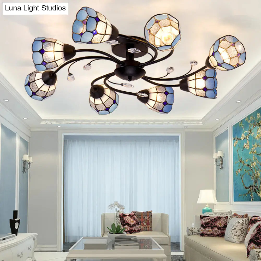 DecorBites™ DecorBites™ Stained Glass Bell Semi Flushmount with Crystal Decoration and Leaf/Blue Square/Sky Blue Square/Yellow Square Pattern Rustic Light in Black - 4/6/8 Lights