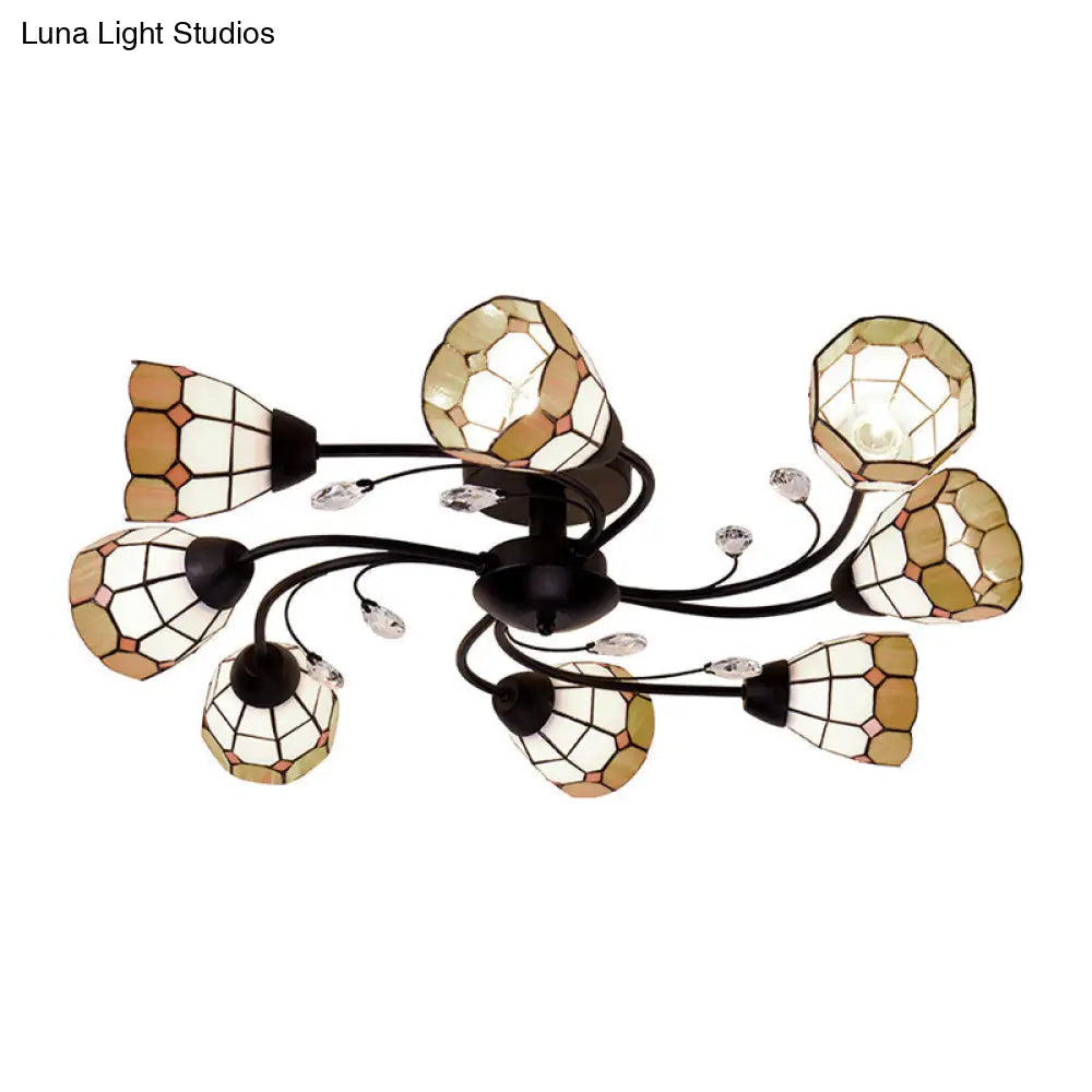 DecorBites™ DecorBites™ Stained Glass Bell Semi Flushmount with Crystal Decoration and Leaf/Blue Square/Sky Blue Square/Yellow Square Pattern Rustic Light in Black - 4/6/8 Lights