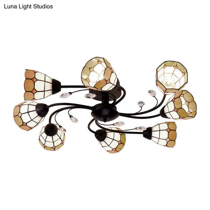 DecorBites™ DecorBites™ Stained Glass Bell Semi Flushmount with Crystal Decoration and Leaf/Blue Square/Sky Blue Square/Yellow Square Pattern Rustic Light in Black - 4/6/8 Lights