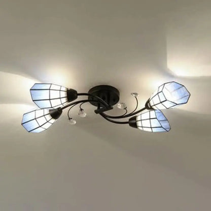 DecorBites™ DecorBites™ Stained Glass Bell Semi Flushmount with Crystal Decoration and Leaf/Blue Square/Sky Blue Square/Yellow Square Pattern Rustic Light in Black - 4/6/8 Lights