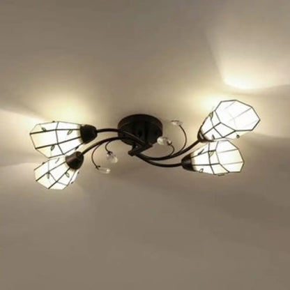 DecorBites™ DecorBites™ Stained Glass Bell Semi Flushmount with Crystal Decoration and Leaf/Blue Square/Sky Blue Square/Yellow Square Pattern Rustic Light in Black - 4/6/8 Lights