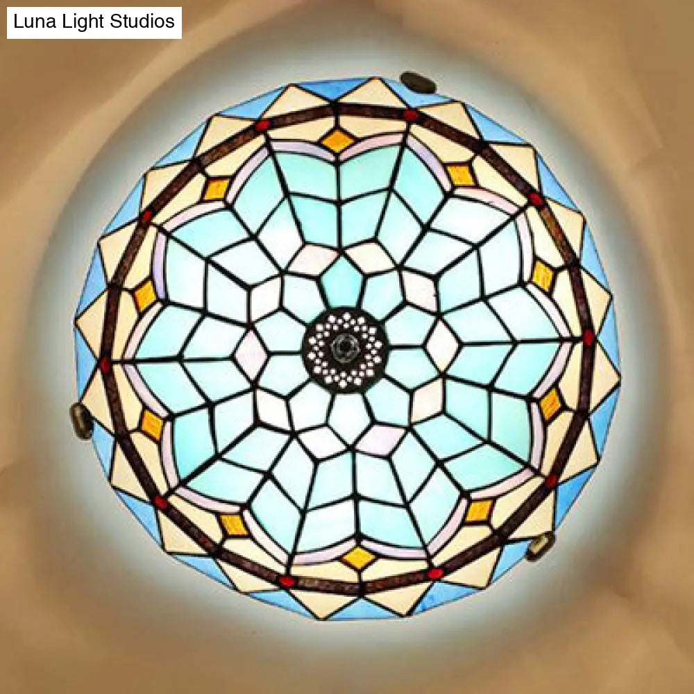 DecorBites™ DecorBites™ Stained Glass Bowl Flush Mount Ceiling Light - Lodge Style - 1/2/4 Light - Blue/Light Blue - 12"/16"/19.5" Width