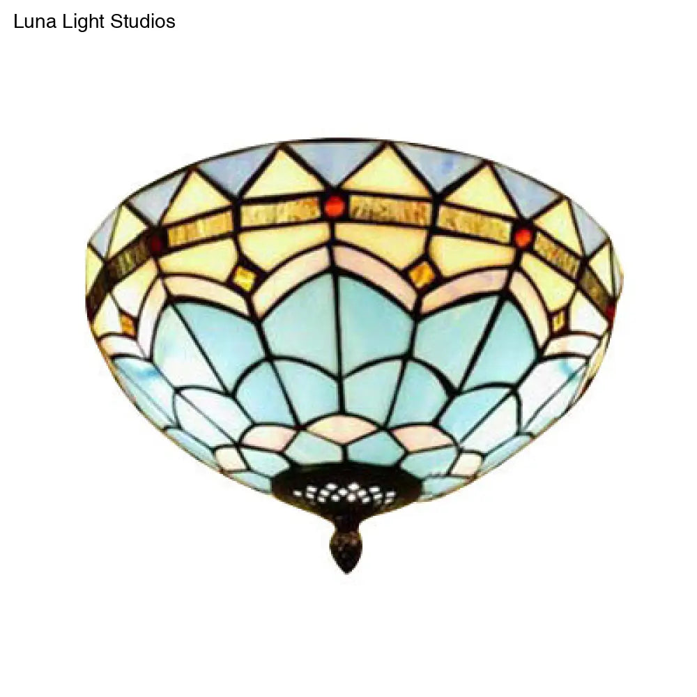 DecorBites™ DecorBites™ Stained Glass Bowl Flush Mount Ceiling Light - Lodge Style - 1/2/4 Light - Blue/Light Blue - 12"/16"/19.5" Width