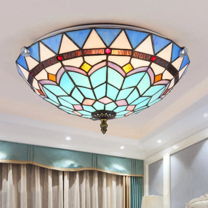DecorBites™ DecorBites™ Stained Glass Bowl Flush Mount Ceiling Light - Lodge Style - 1/2/4 Light - Blue/Light Blue - 12"/16"/19.5" Width