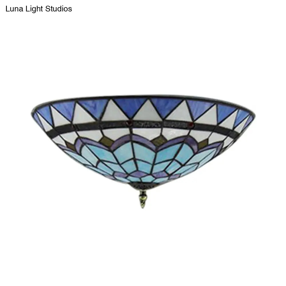DecorBites™ DecorBites™ Stained Glass Bowl Flush Mount Ceiling Light - Lodge Style - 1/2/4 Light - Blue/Light Blue - 12"/16"/19.5" Width