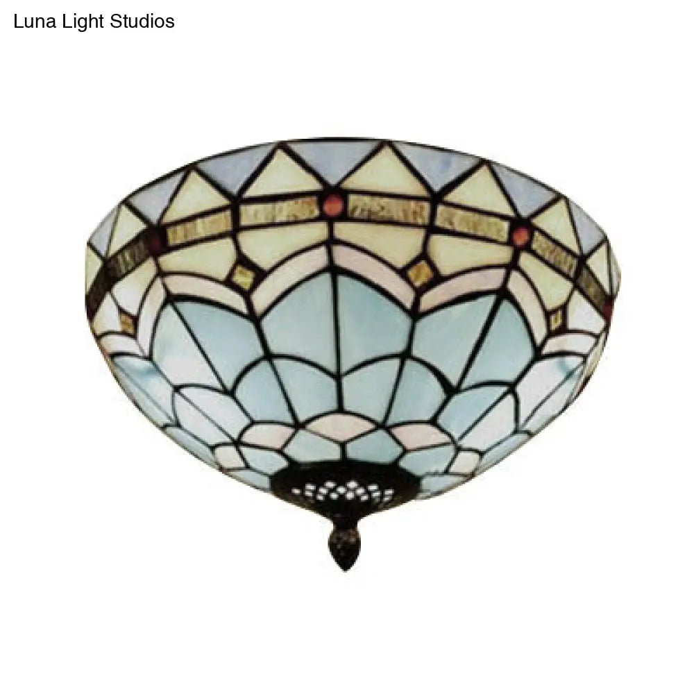 DecorBites™ DecorBites™ Stained Glass Bowl Flush Mount Ceiling Light - Lodge Style - 1/2/4 Light - Blue/Light Blue - 12"/16"/19.5" Width