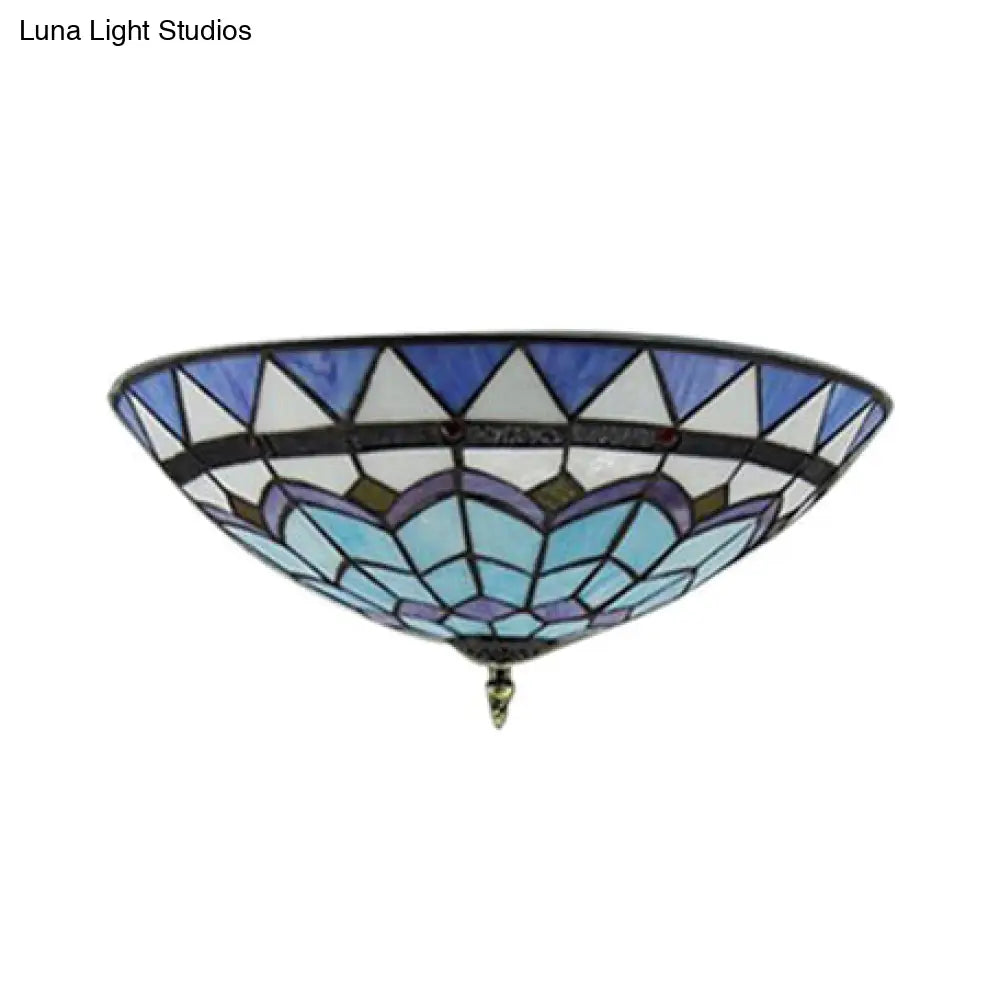 DecorBites™ DecorBites™ Stained Glass Bowl Flush Mount Ceiling Light - Lodge Style - 1/2/4 Light - Blue/Light Blue - 12"/16"/19.5" Width