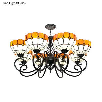 Stained Glass Bowl Hanging Light - Adjustable Metal Chain Tiffany Chandelier in Orange