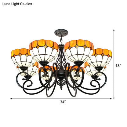 Stained Glass Bowl Hanging Light - Adjustable Metal Chain Tiffany Chandelier in Orange