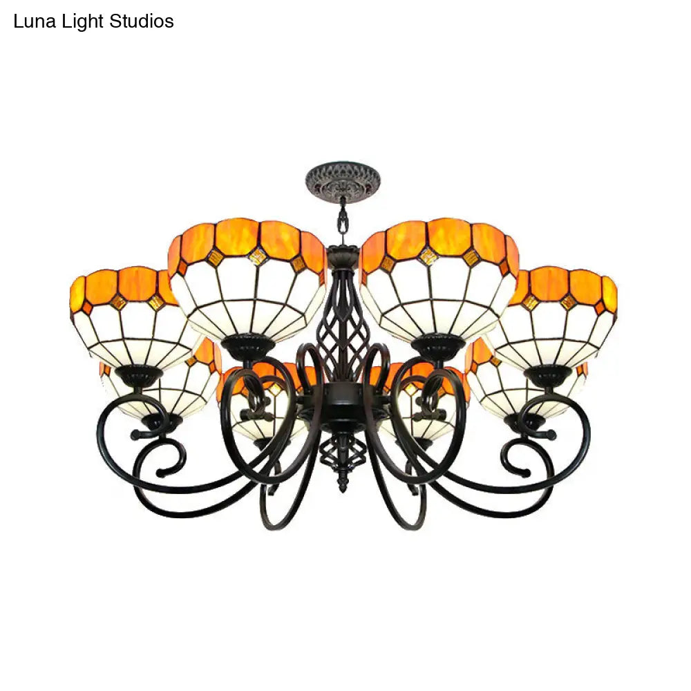 Stained Glass Bowl Hanging Light - Adjustable Metal Chain Tiffany Chandelier in Orange