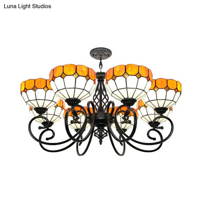 Stained Glass Bowl Hanging Light - Adjustable Metal Chain Tiffany Chandelier in Orange