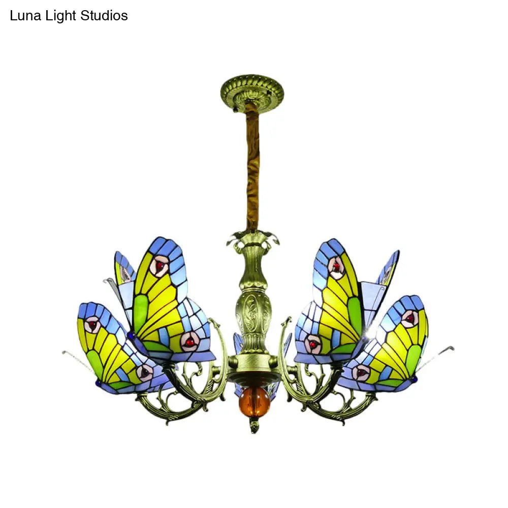 Stained Glass Butterfly Chandelier: Orange, Yellow & Green Colors, 3/5 Bulbs, Perfect for Bedroom
