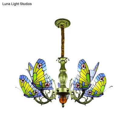 Stained Glass Butterfly Chandelier: Orange, Yellow & Green Colors, 3/5 Bulbs, Perfect for Bedroom