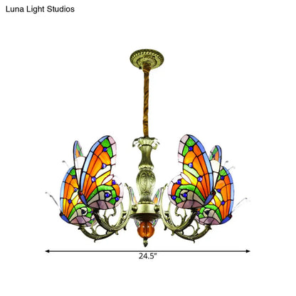 Stained Glass Butterfly Chandelier: Orange, Yellow & Green Colors, 3/5 Bulbs, Perfect for Bedroom