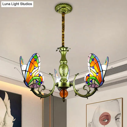 Stained Glass Butterfly Chandelier: Orange, Yellow & Green Colors, 3/5 Bulbs, Perfect for Bedroom