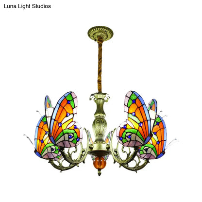 Stained Glass Butterfly Chandelier: Orange, Yellow & Green Colors, 3/5 Bulbs, Perfect for Bedroom