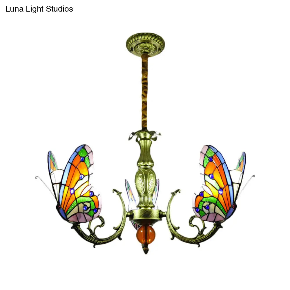 Stained Glass Butterfly Chandelier: Orange, Yellow & Green Colors, 3/5 Bulbs, Perfect for Bedroom