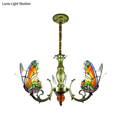 Stained Glass Butterfly Chandelier: Orange, Yellow & Green Colors, 3/5 Bulbs, Perfect for Bedroom