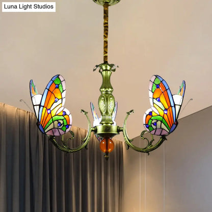 Stained Glass Butterfly Chandelier: Orange, Yellow & Green Colors, 3/5 Bulbs, Perfect for Bedroom