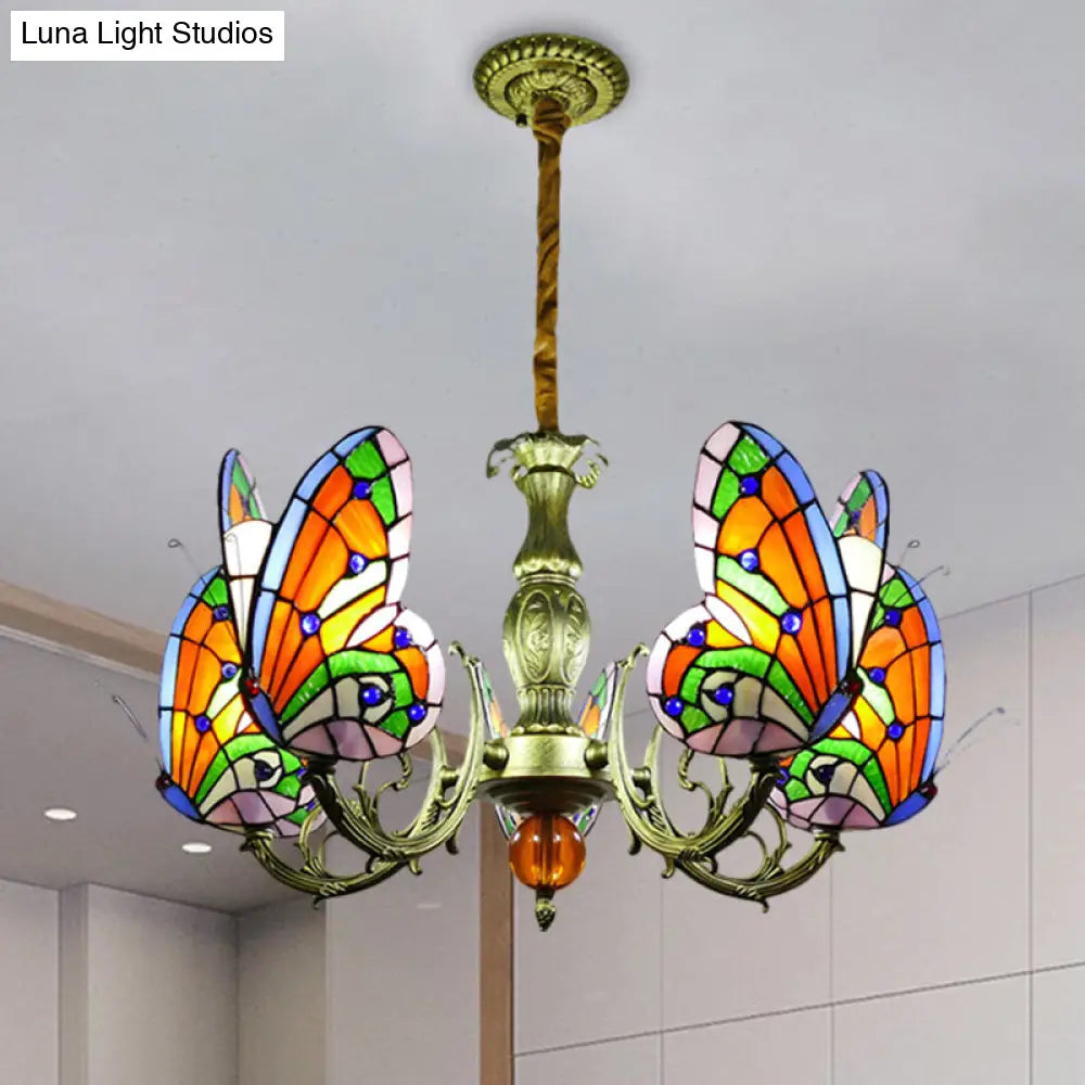 Stained Glass Butterfly Chandelier: Orange, Yellow & Green Colors, 3/5 Bulbs, Perfect for Bedroom