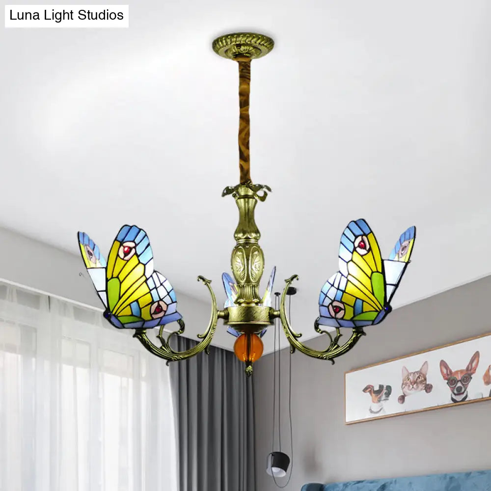 Stained Glass Butterfly Chandelier: Orange, Yellow & Green Colors, 3/5 Bulbs, Perfect for Bedroom