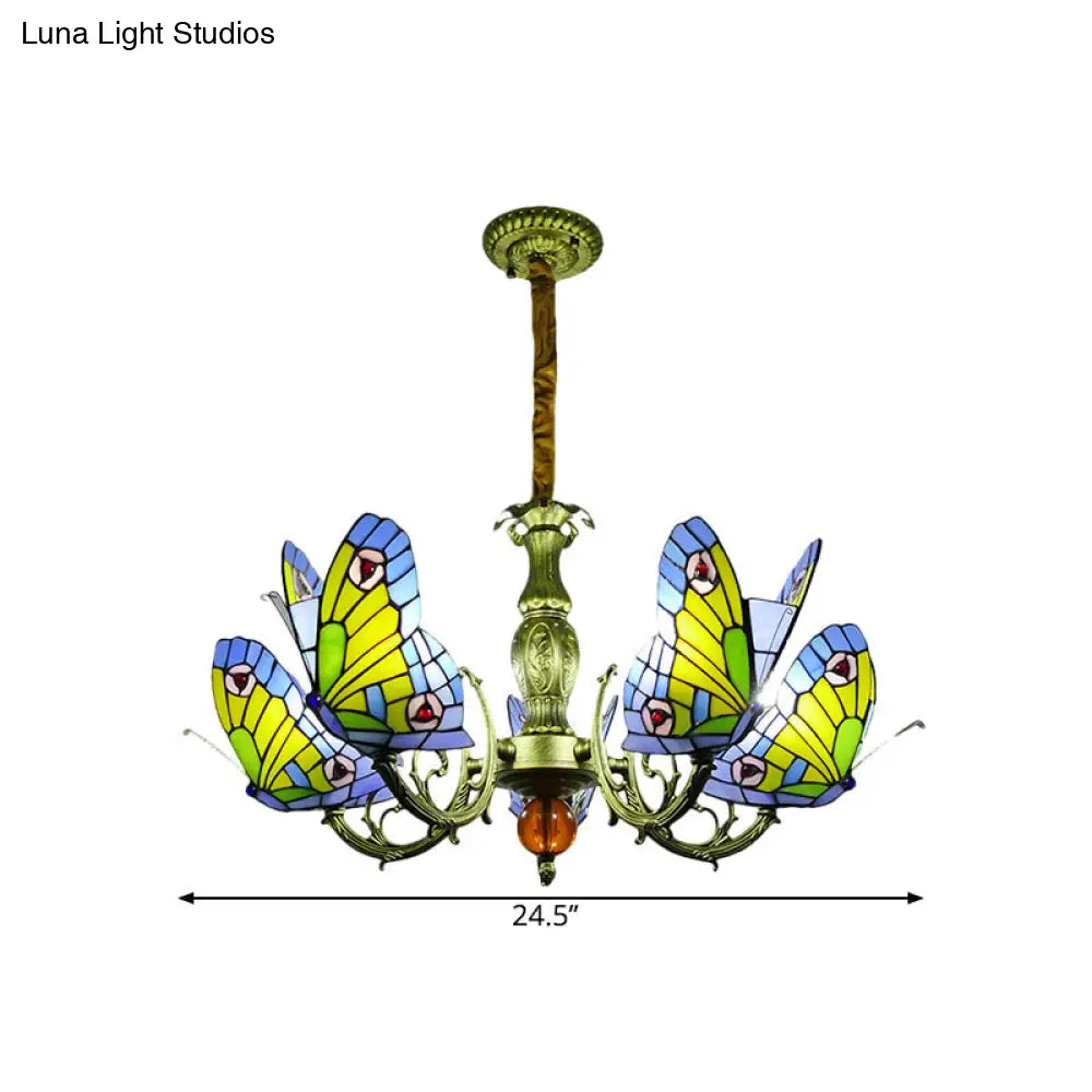 Stained Glass Butterfly Chandelier: Orange, Yellow & Green Colors, 3/5 Bulbs, Perfect for Bedroom