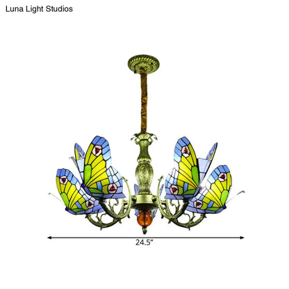 Stained Glass Butterfly Chandelier: Orange, Yellow & Green Colors, 3/5 Bulbs, Perfect for Bedroom