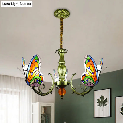 Stained Glass Butterfly Chandelier: Orange, Yellow & Green Colors, 3/5 Bulbs, Perfect for Bedroom