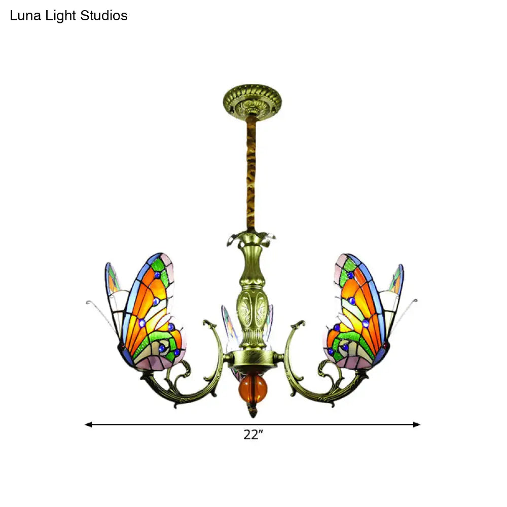 Stained Glass Butterfly Chandelier: Orange, Yellow & Green Colors, 3/5 Bulbs, Perfect for Bedroom