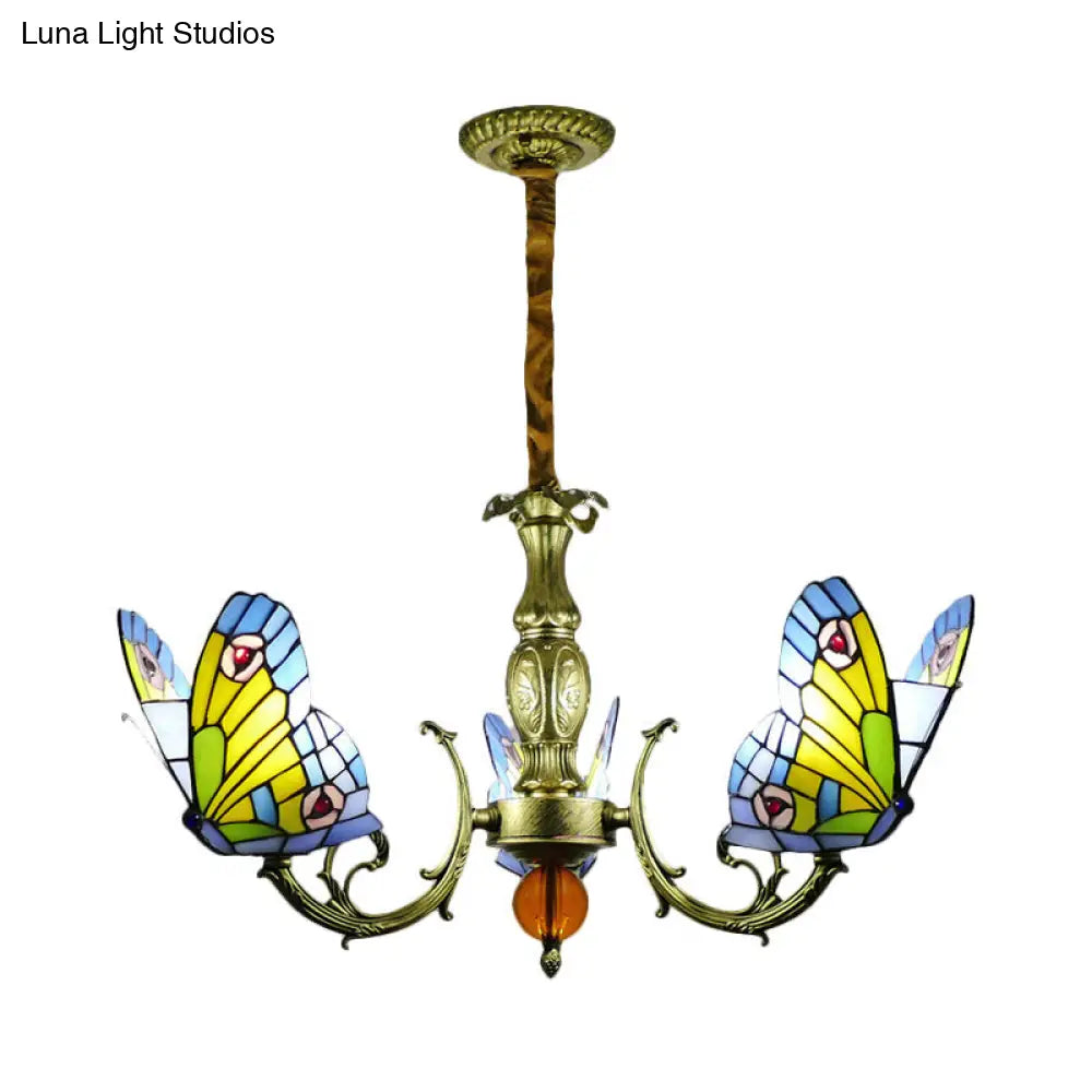 Stained Glass Butterfly Chandelier: Orange, Yellow & Green Colors, 3/5 Bulbs, Perfect for Bedroom