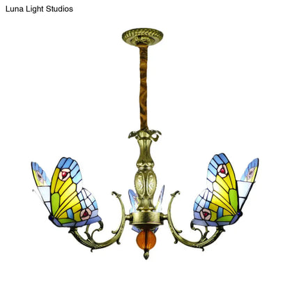 Stained Glass Butterfly Chandelier: Orange, Yellow & Green Colors, 3/5 Bulbs, Perfect for Bedroom