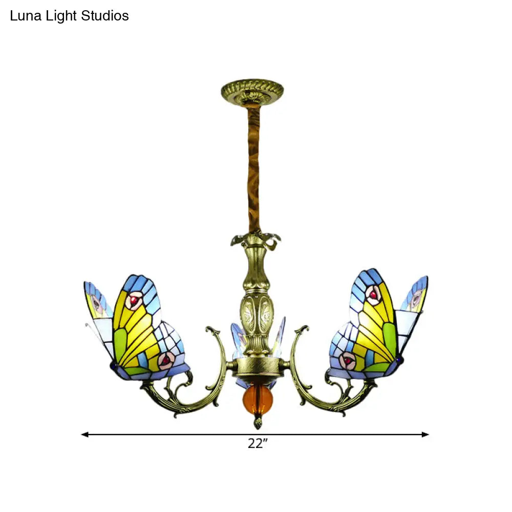 Stained Glass Butterfly Chandelier: Orange, Yellow & Green Colors, 3/5 Bulbs, Perfect for Bedroom