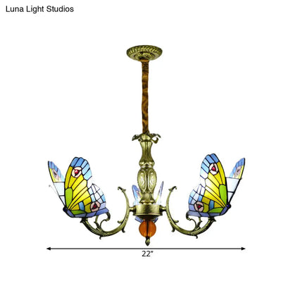 Stained Glass Butterfly Chandelier: Orange, Yellow & Green Colors, 3/5 Bulbs, Perfect for Bedroom
