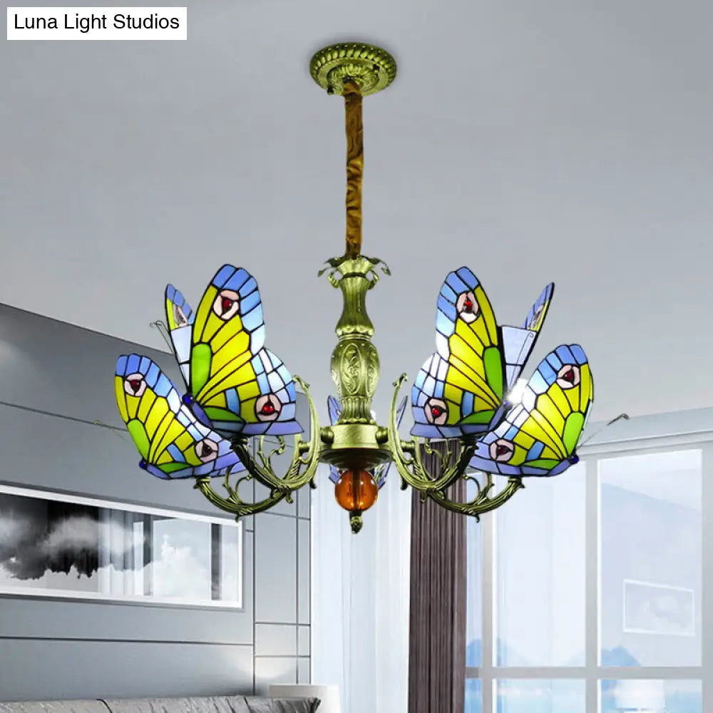 Stained Glass Butterfly Chandelier: Orange, Yellow & Green Colors, 3/5 Bulbs, Perfect for Bedroom