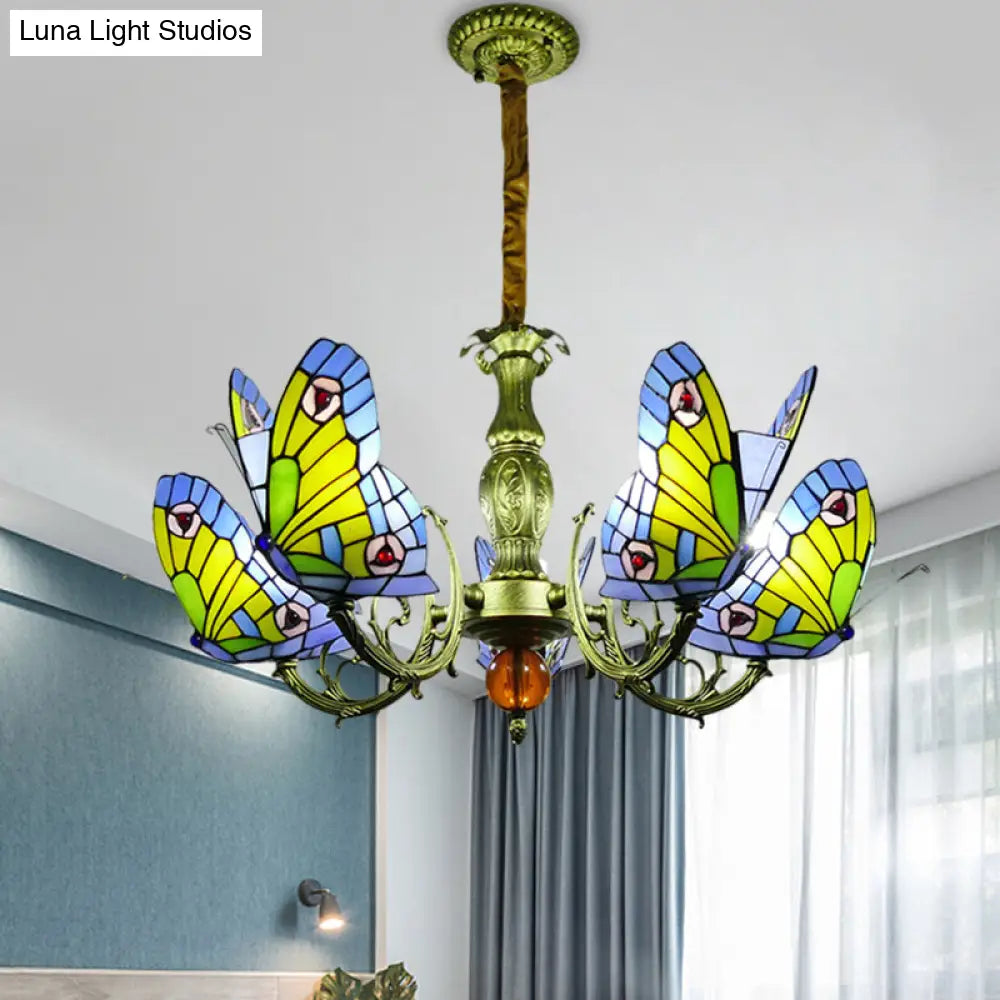 Stained Glass Butterfly Chandelier: Orange, Yellow & Green Colors, 3/5 Bulbs, Perfect for Bedroom