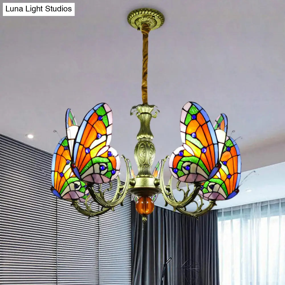 Stained Glass Butterfly Chandelier: Orange, Yellow & Green Colors, 3/5 Bulbs, Perfect for Bedroom