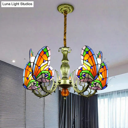 Stained Glass Butterfly Chandelier: Orange, Yellow & Green Colors, 3/5 Bulbs, Perfect for Bedroom