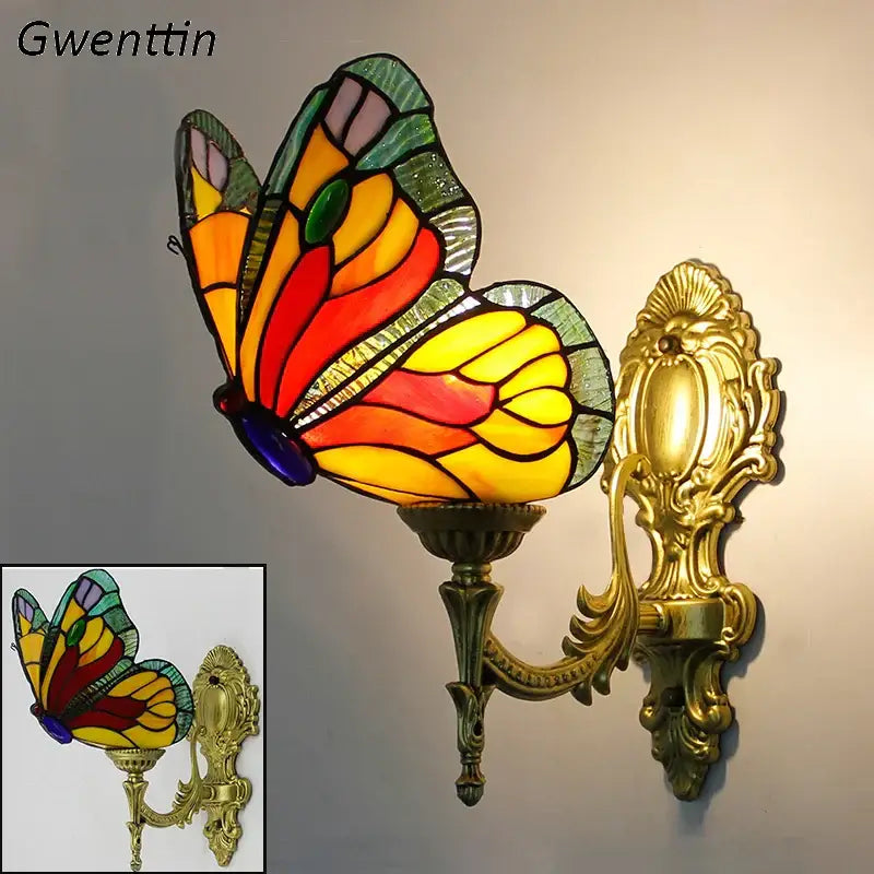 Vibrant stained glass butterfly wall sconce with gold metalwork ornate bracket for living room wall sconces decorbites butterfly stained