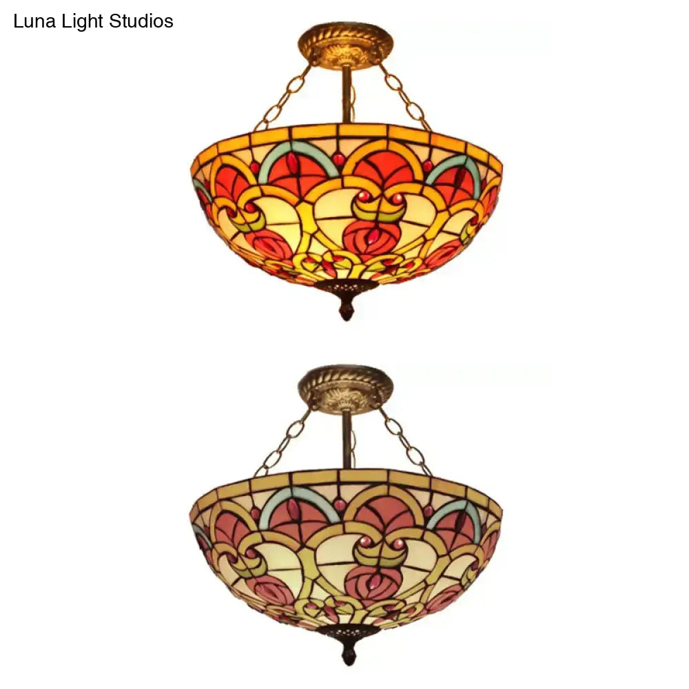 DecorBites baroque style stained glass ceiling light with red yellow teal floral patterns semi flush mount fixture for bedroom