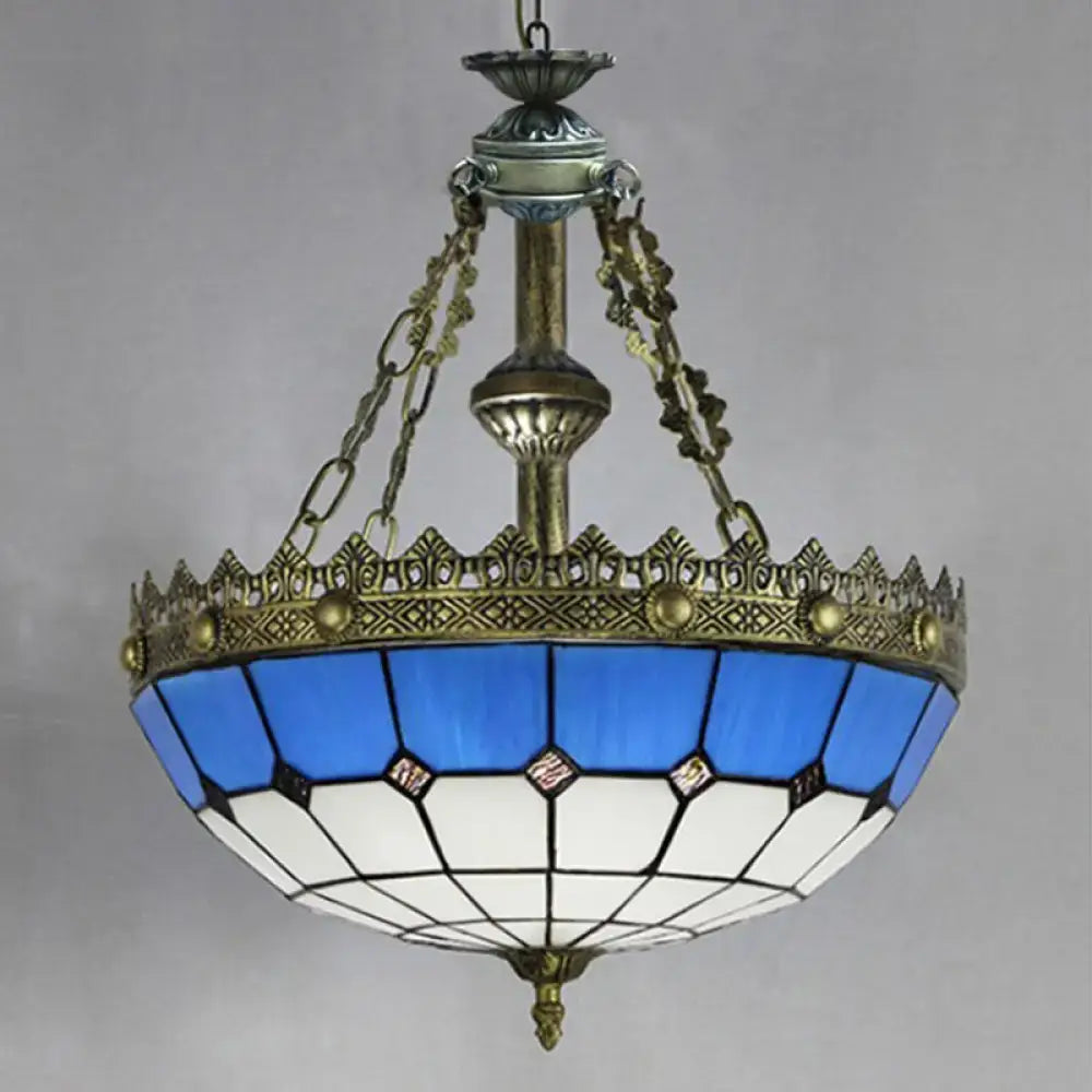 Decorbites™ adjustable stained glass ceiling pendant with white clear glass and ornate brass accents hanging from metal chain