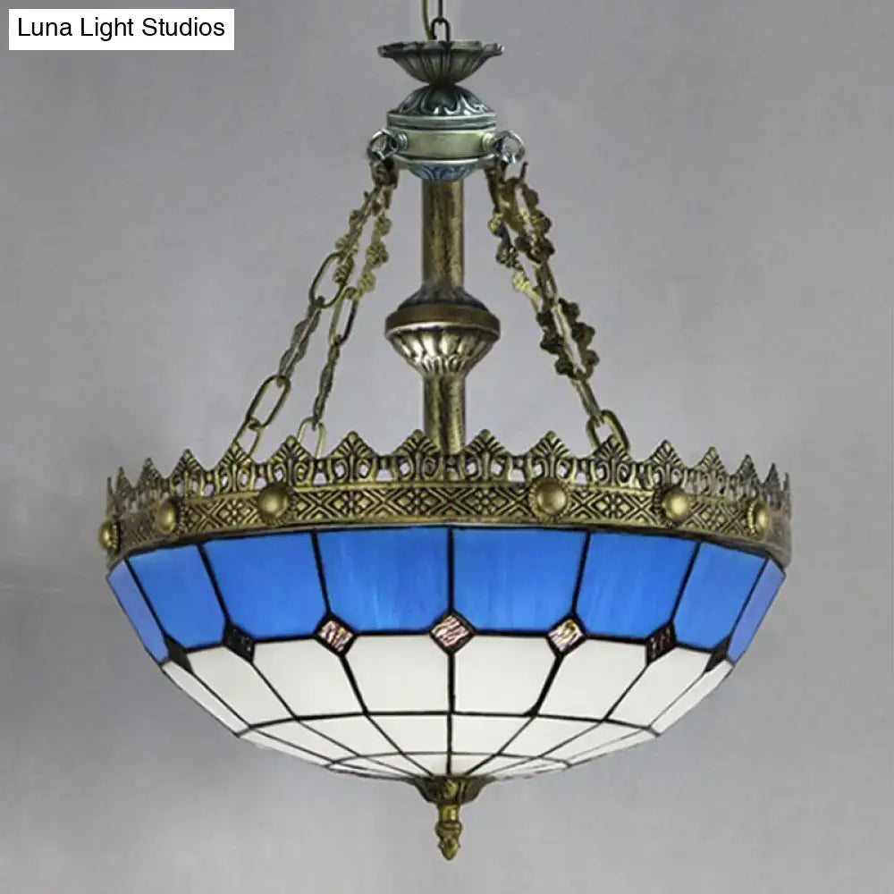 Decorbites™ adjustable stained glass ceiling pendant with blue white glass and ornate brass accents on metal chain