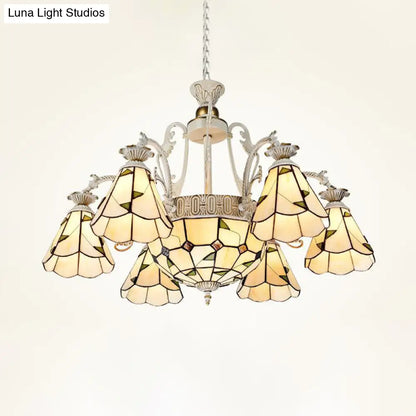 Lámpara de techo colgante de estilo mediterráneo con vitrales, disponible en 3, 5 u 11 luces, acabado en latón blanco y antiguo.