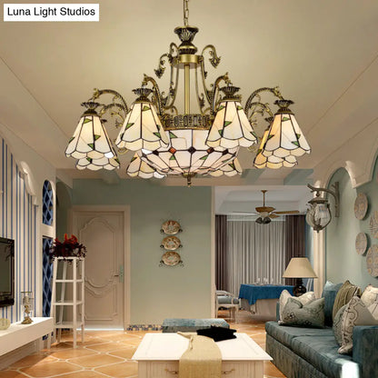 Lámpara de techo colgante de estilo mediterráneo con vitrales, disponible en 3, 5 u 11 luces, acabado en latón blanco y antiguo.